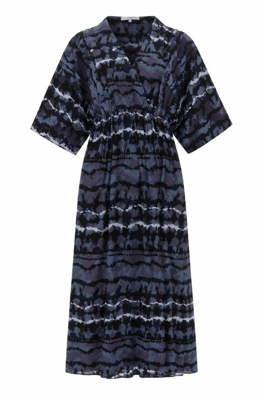 Front view of Next women’s blue geometric polyester a-line, size UK 8, v-neck pullover