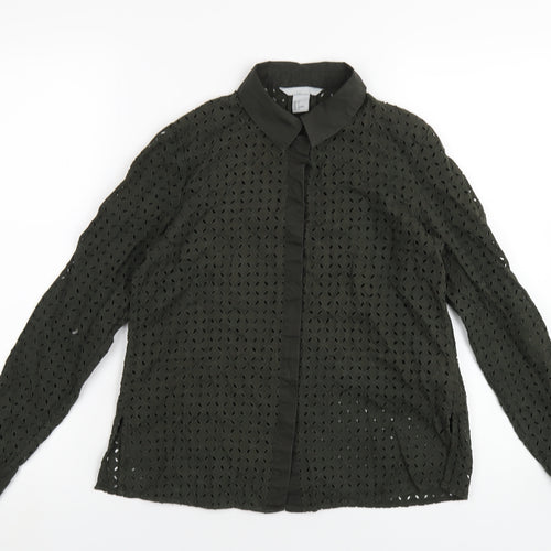 H&M Womens Green Cotton Basic Button-Up Size 6 Collared