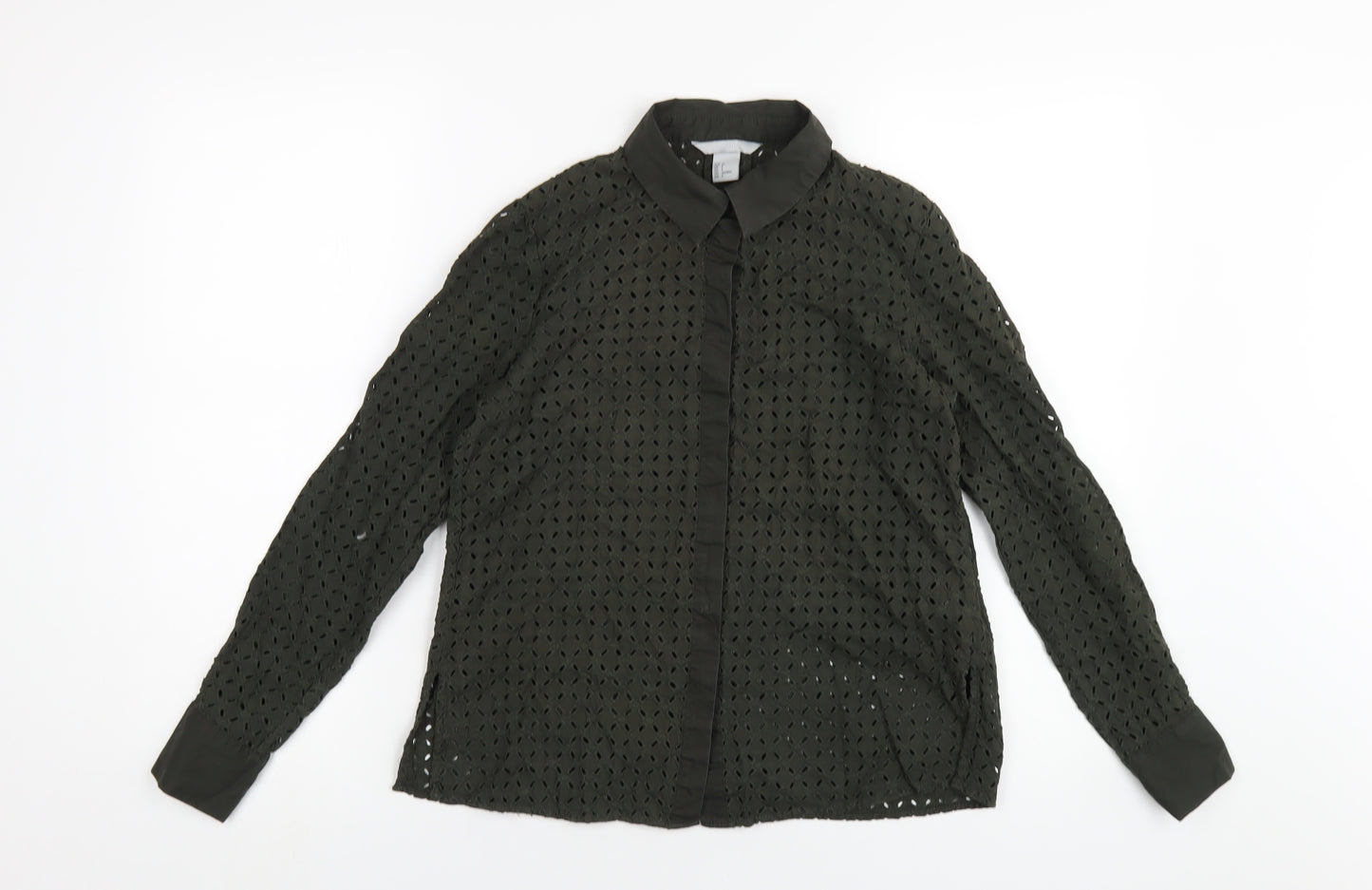 H&M Womens Green Cotton Basic Button-Up Size 6 Collared