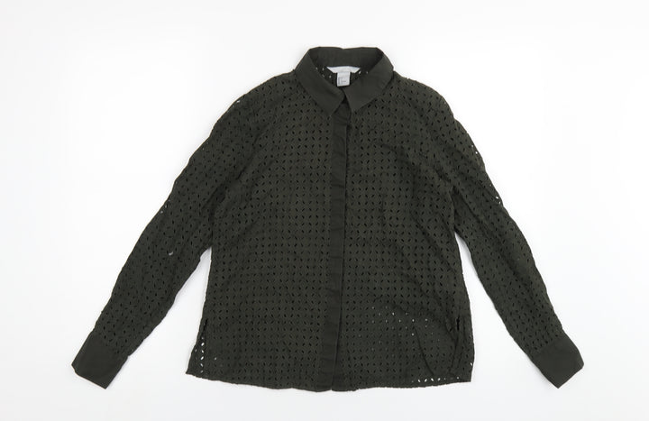 H&M Womens Green Cotton Basic Button-Up Size 6 Collared