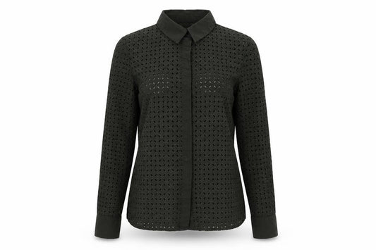 Front view of H&M women’s green cotton basic button-up, size UK 6, collared
