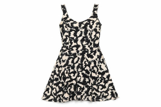 Front view of H&M women’s black geometric cotton a-line, size UK 8, scoop neck pullover