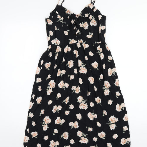 New Look Womens Black Floral Viscose A-Line Size 8 V-Neck Zip
