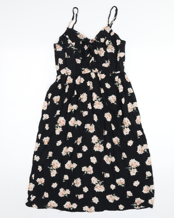New Look Womens Black Floral Viscose A-Line Size 8 V-Neck Zip
