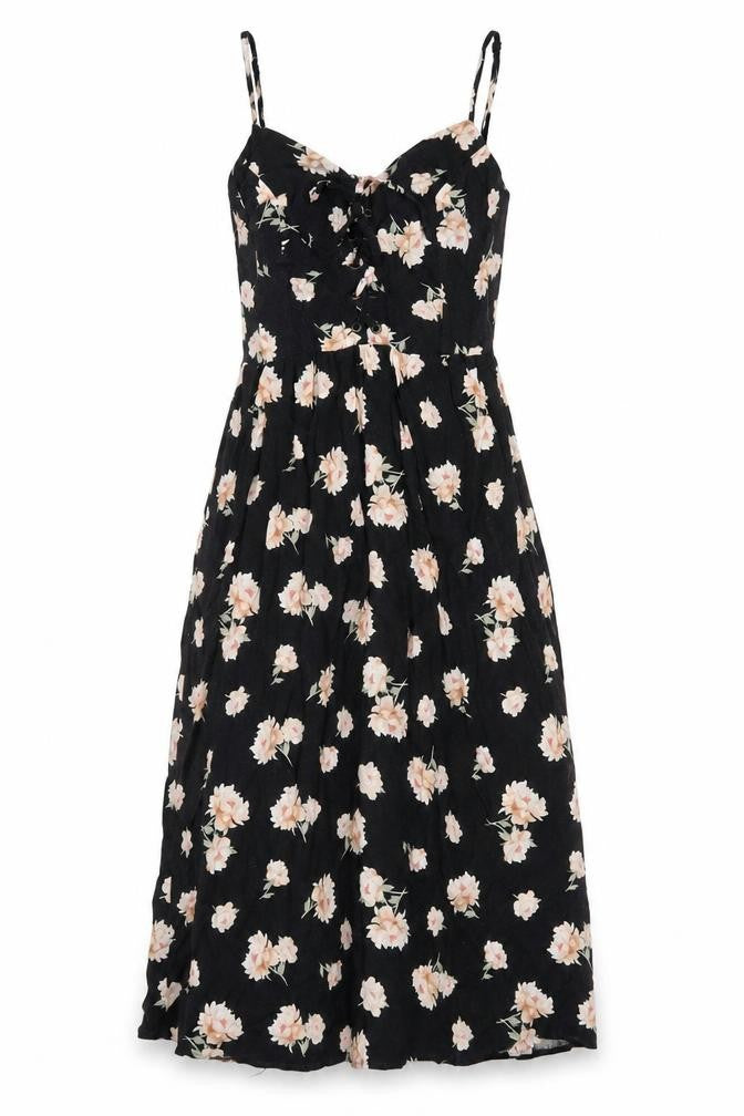 New Look Womens Black Floral Viscose A-Line Size 8 V-Neck Zip