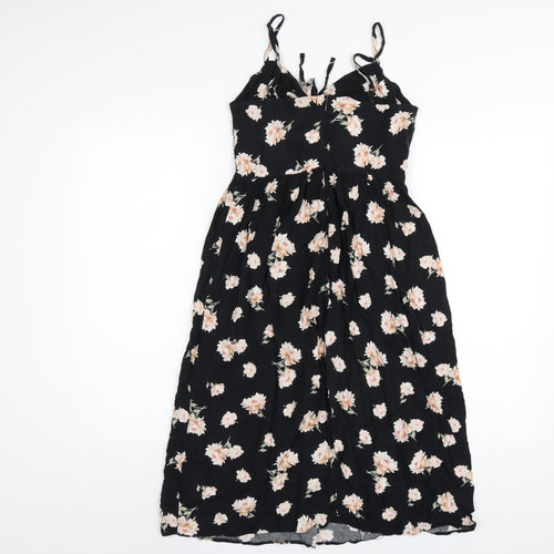 New Look Womens Black Floral Viscose A-Line Size 8 V-Neck Zip