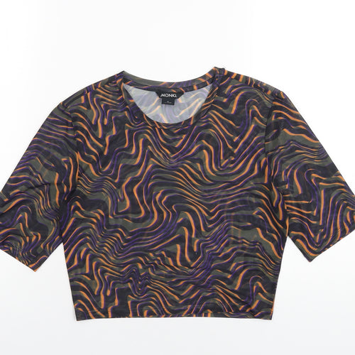 Monki Womens Multicoloured Geometric Polyester Cropped T-Shirt Size M Round Neck
