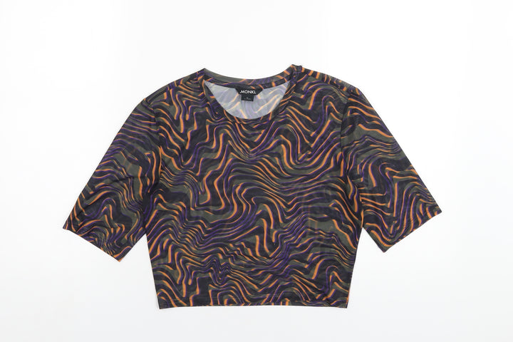 Monki Womens Multicoloured Geometric Polyester Cropped T-Shirt Size M Round Neck