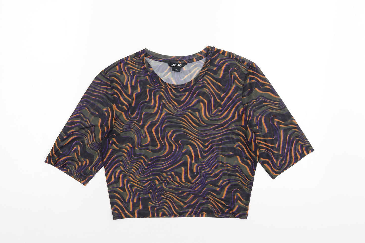 Monki Womens Multicoloured Geometric Polyester Cropped T-Shirt Size M Round Neck