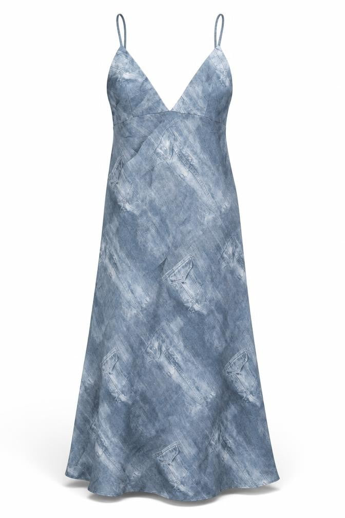Front view of Zara women’s blue geometric polyester a-line, size M, v-neck pullover