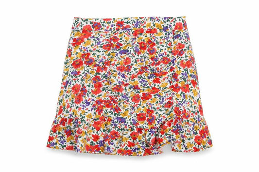 Front view of Urban Revivo women’s multicoloured floral viscose mini skirt, size UK 10, zip