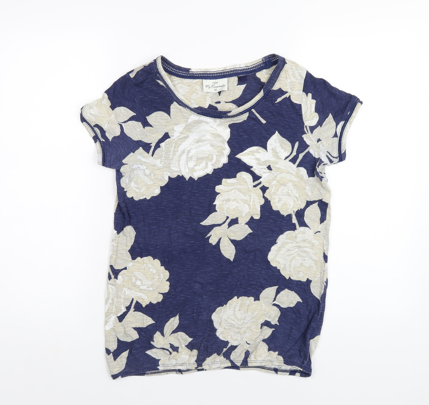 NEXT Womens Blue Floral Cotton Basic T-Shirt Size 10 Scoop Neck