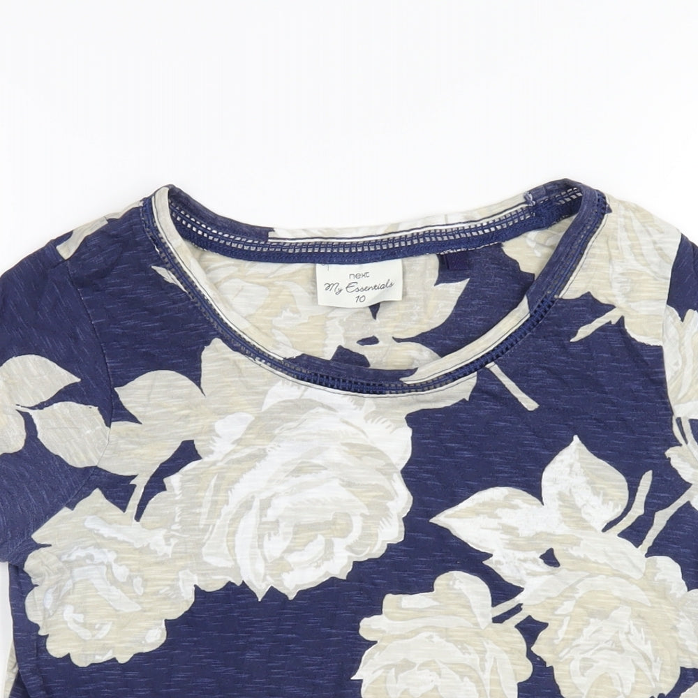 NEXT Womens Blue Floral Cotton Basic T-Shirt Size 10 Scoop Neck