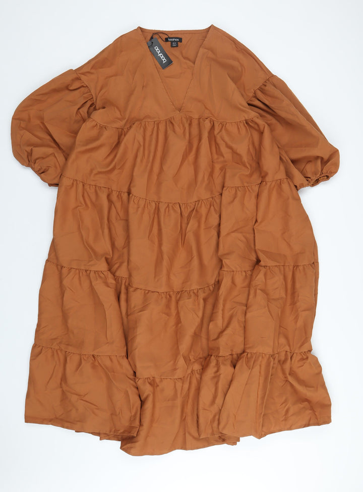 Boohoo Womens Brown Polyester A-Line Size 12 V-Neck Pullover