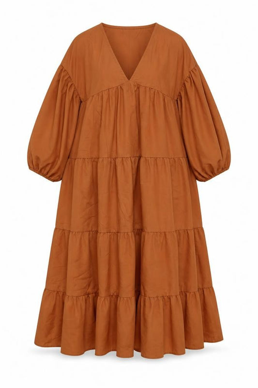 Front view of Boohoo women’s brown polyester a-line, size UK 12, v-neck pullover