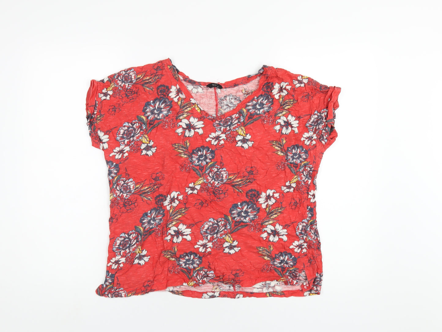 M&Co Womens Red Floral Cotton Basic T-Shirt Size 18 V-Neck