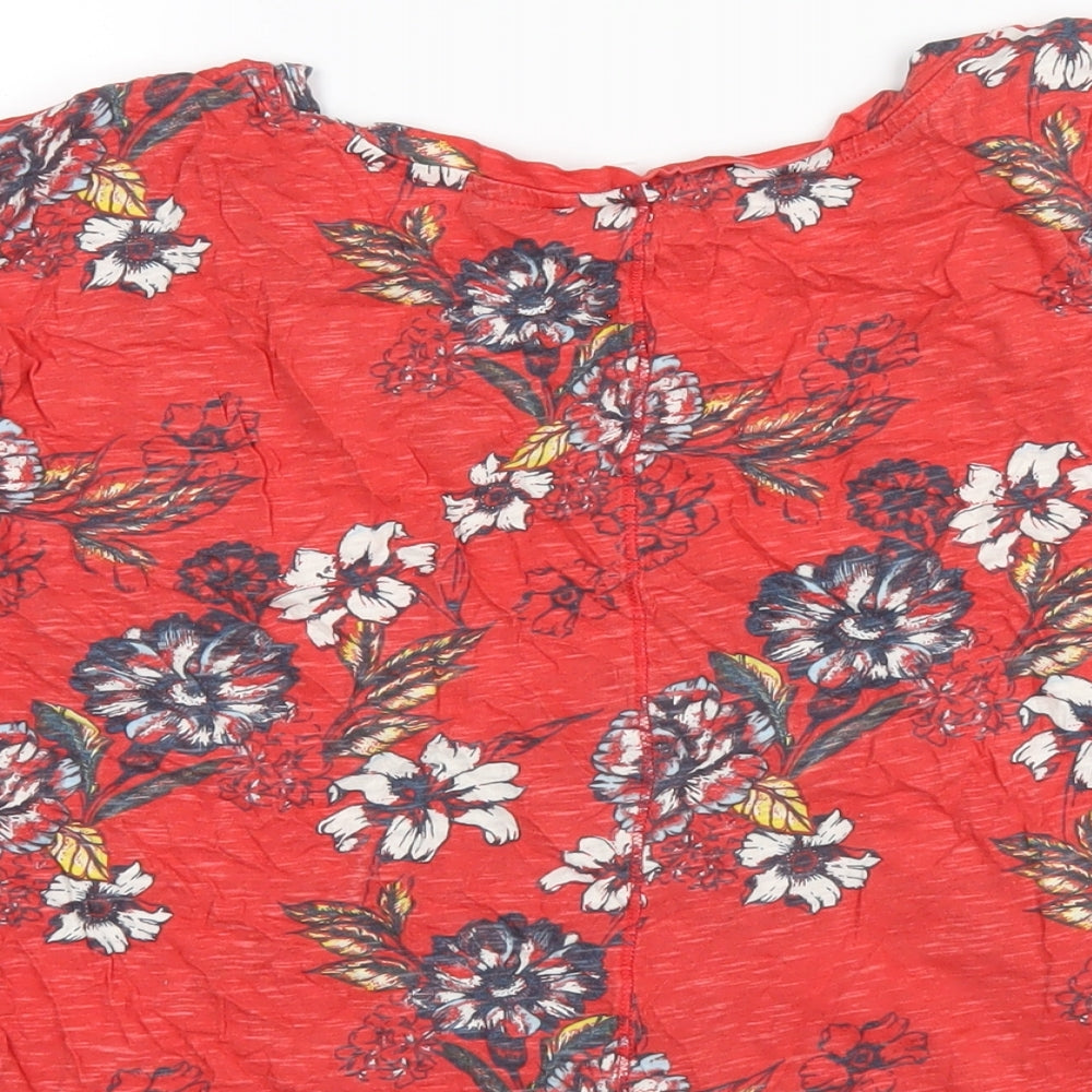 M&Co Womens Red Floral Cotton Basic T-Shirt Size 18 V-Neck