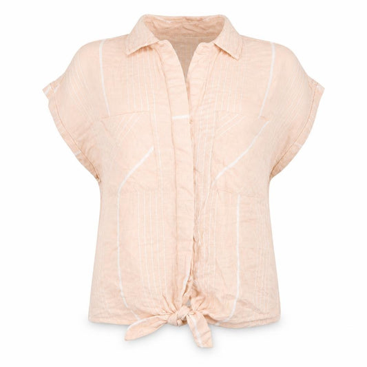 Front view of Dorothy Perkins women’s pink striped cotton basic button-up, size UK 16, collared