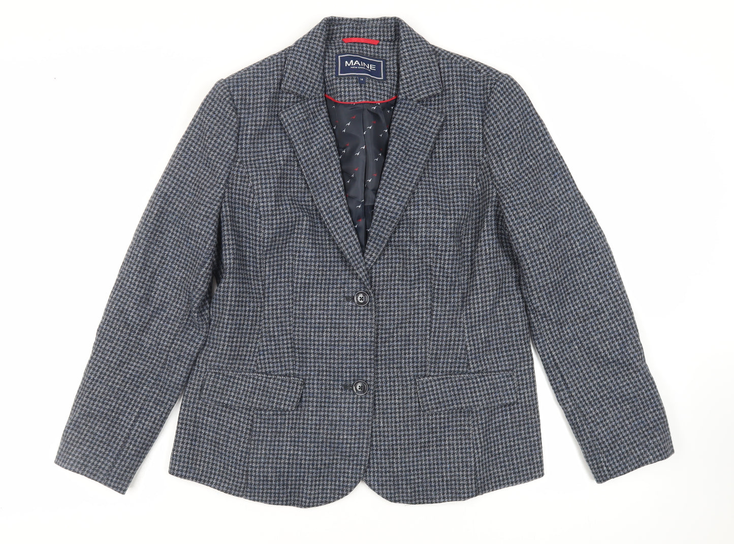 Maine New England Womens Blue Geometric Jacket Blazer Size 14 Button