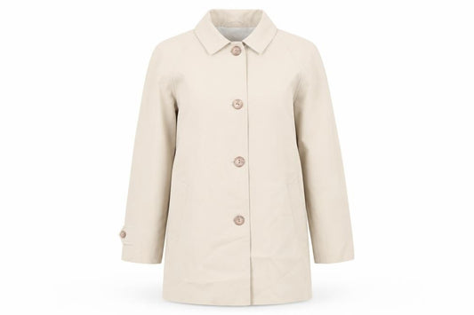 Front view of Lady Line London women’s beige jacket, size UK 10, button