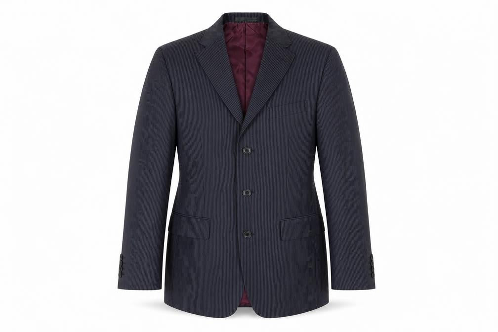 Front view of Greenwoods men’s blue striped polyester jacket suit jacket, size 36, regular
