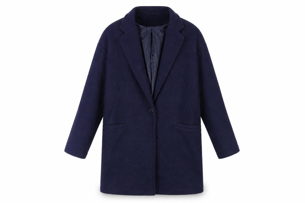 Front view of Per Una women’s blue overcoat coat, size UK 8, button