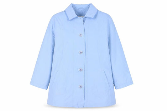 Front view of EWM women’s blue jacket, size UK 22, button - lightweight