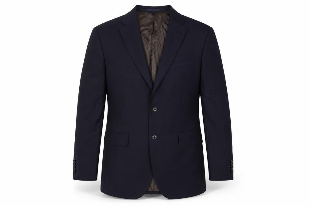 Front view of Marks & Spencer men’s blue wool jacket suit jacket, size 44, regular