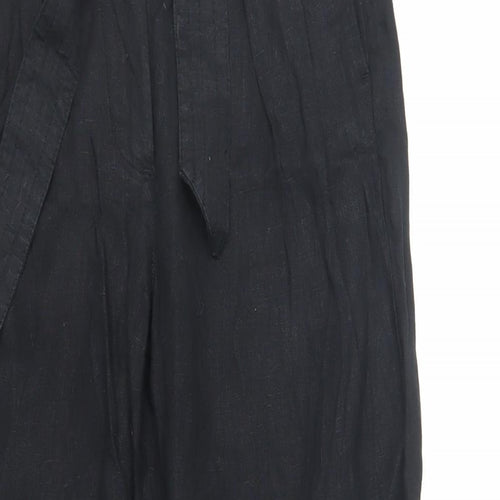 Marks and Spencer Womens Black Linen Trousers Size 8 L30 in Regular Zip - Belted