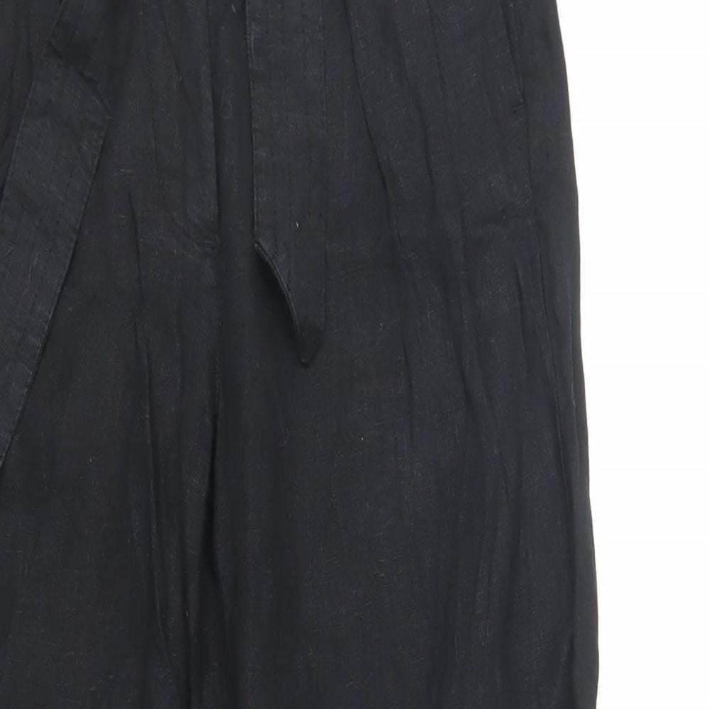 Marks and Spencer Womens Black Linen Trousers Size 8 L30 in Regular Zip - Belted