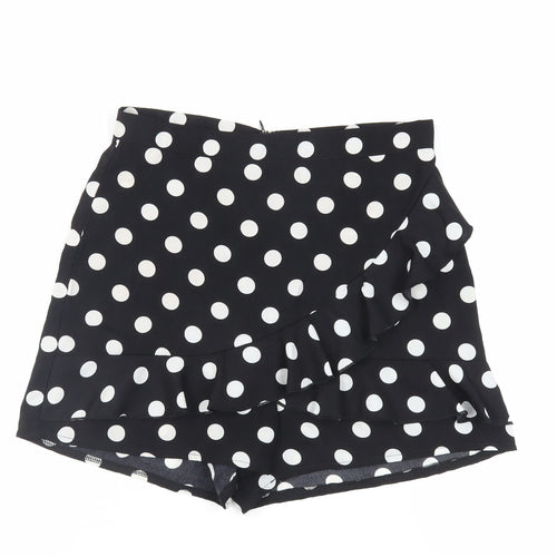 PRETTYLITTLETHING Womens Black Polka Dot Polyester Basic Shorts Size 10 L3 in Regular Zip - Ruffle Sheer