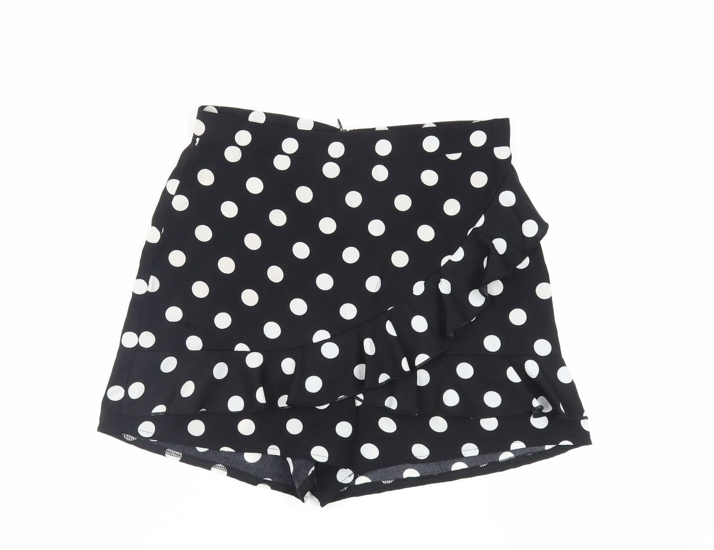 PRETTYLITTLETHING Womens Black Polka Dot Polyester Basic Shorts Size 10 L3 in Regular Zip - Ruffle Sheer