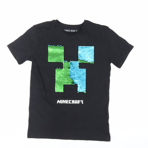 NEXT Boys Black Cotton Basic T-Shirt Size 10 Years Crew Neck Pullover - Minecraft Sequin