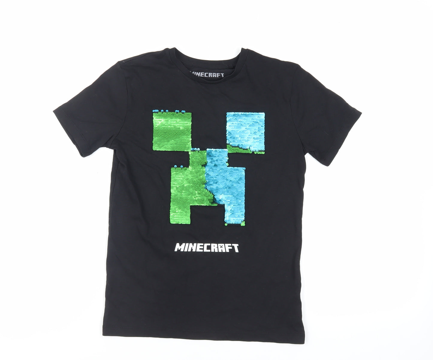 NEXT Boys Black Cotton Basic T-Shirt Size 10 Years Crew Neck Pullover - Minecraft Sequin