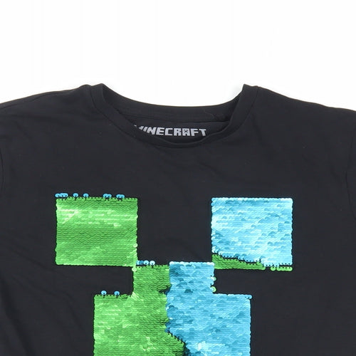 NEXT Boys Black Cotton Basic T-Shirt Size 10 Years Crew Neck Pullover - Minecraft Sequin