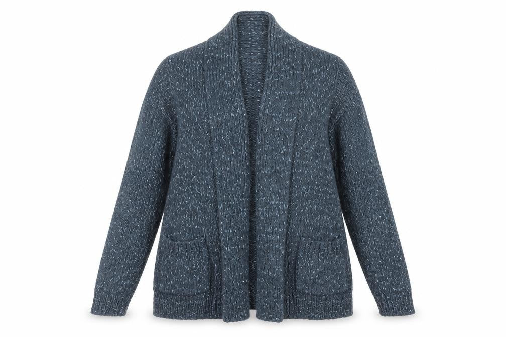 Front view of Indigo women’s blue collared polyester cardigan jumper, size UK 14, - open