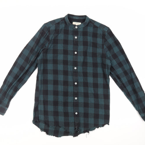 River Island Mens Green Plaid Cotton Button-Up Size S Round Neck Button - Raw Hem
