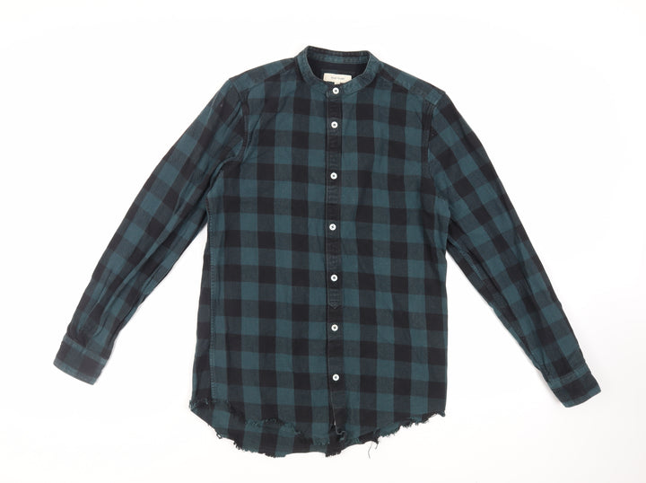 River Island Mens Green Plaid Cotton Button-Up Size S Round Neck Button - Raw Hem