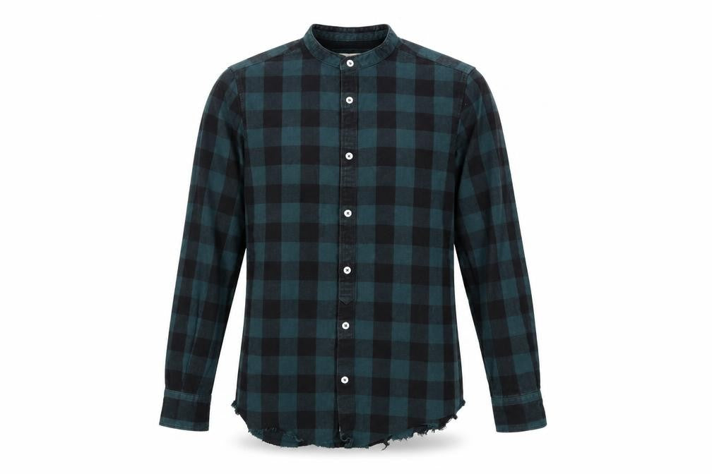 Front view of River Island men’s green plaid cotton button-up, size S, round neck button - raw hem