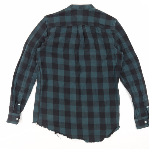 River Island Mens Green Plaid Cotton Button-Up Size S Round Neck Button - Raw Hem