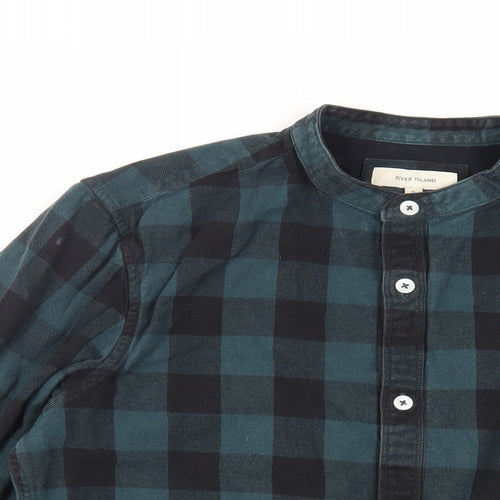 River Island Mens Green Plaid Cotton Button-Up Size S Round Neck Button - Raw Hem
