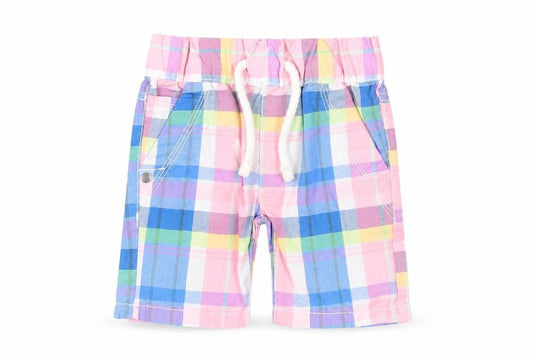 Front view of Next Baby Multicoloured Plaid Polyester Cropped Trousers, size 6-9, Months Drawstring