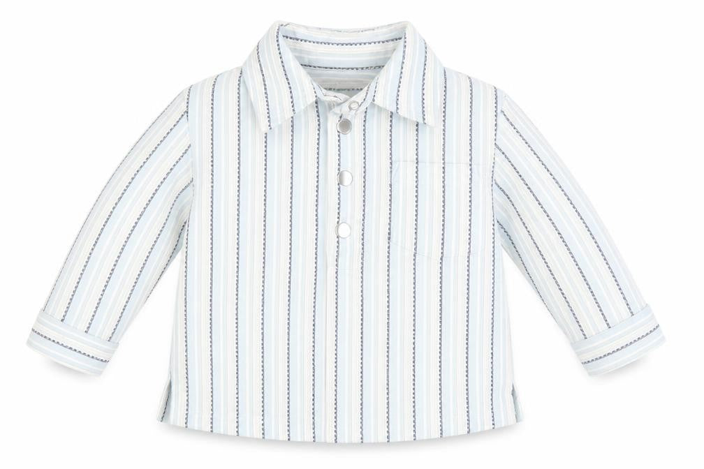 Front view of Monsoon Baby Blue Striped Cotton Basic Blouse, size 6-9, Months Collared Snap