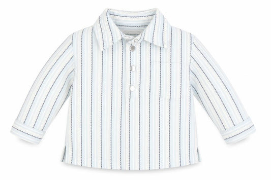Front view of Monsoon Baby Blue Striped Cotton Basic Blouse, size 6-9, Months Collared Snap