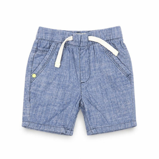 Front view of Next Baby Blue Cotton Cropped Jeans, size 9-12, Months Drawstring