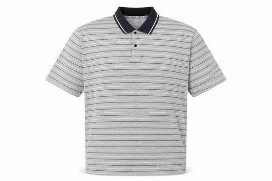 Front view of St Bernard men’s grey striped cotton polo, size L, collared button