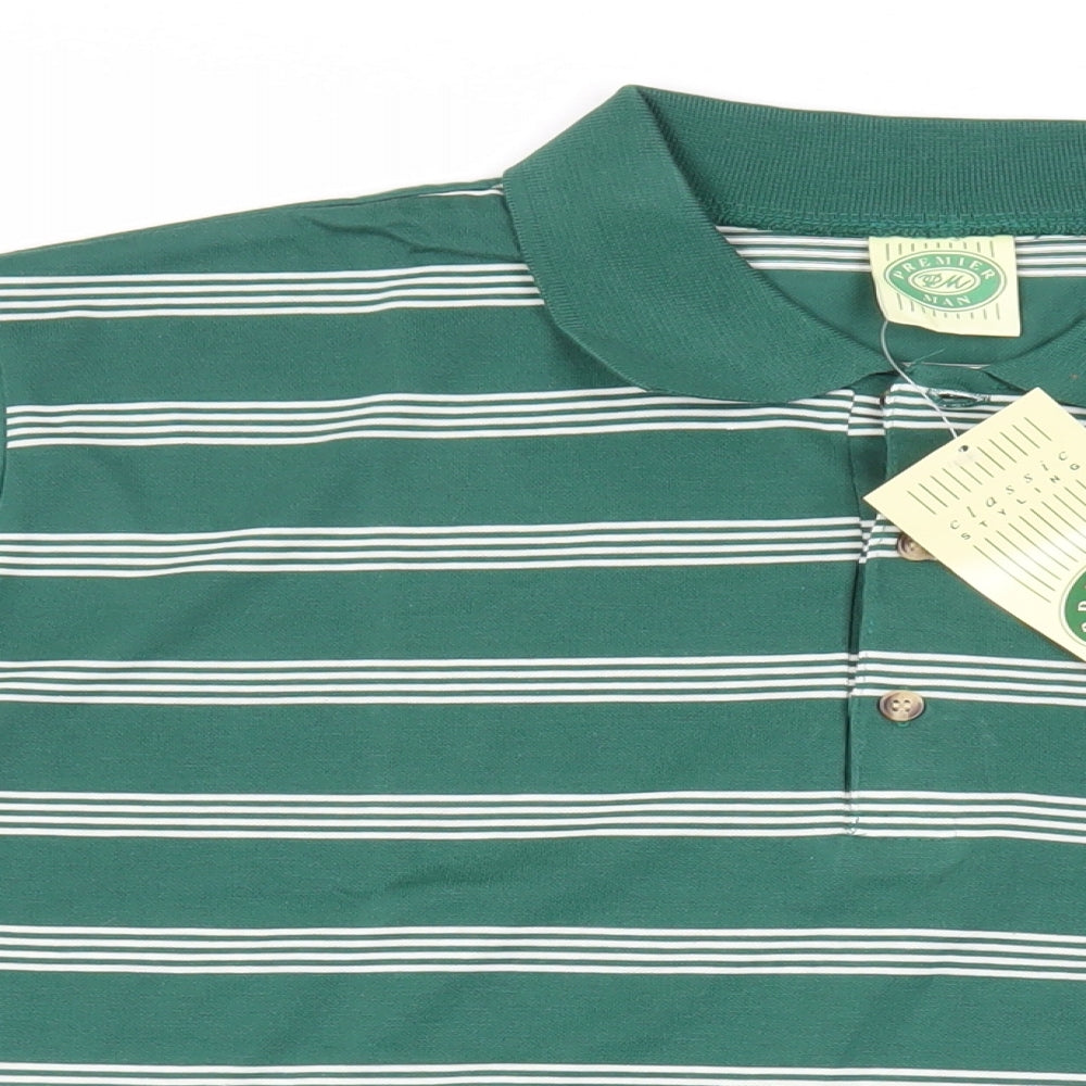 Premier Man Mens Green Striped Polyester Polo Size XL Collared Button