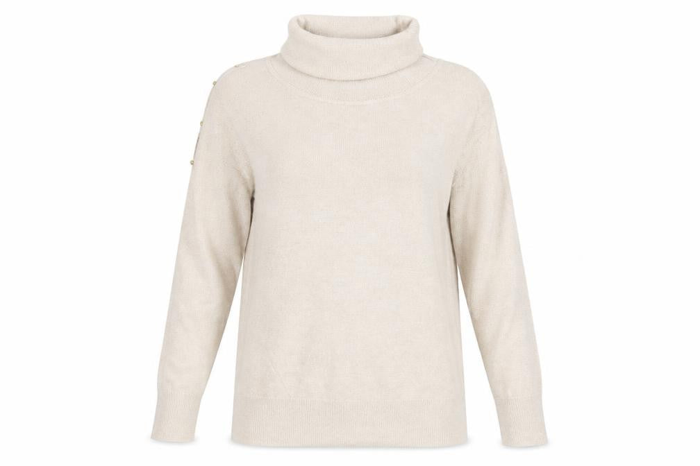 Front view of Bonmarché women’s beige roll neck viscose jumper, size UK 12, - cold shoulder