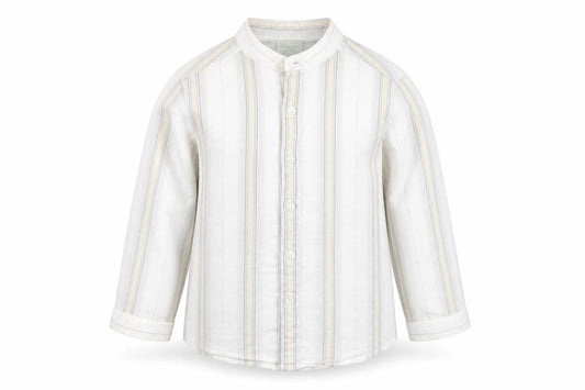 Front view of Monsoon boys’ white striped cotton basic button-up, size 2-3, years round neck button
