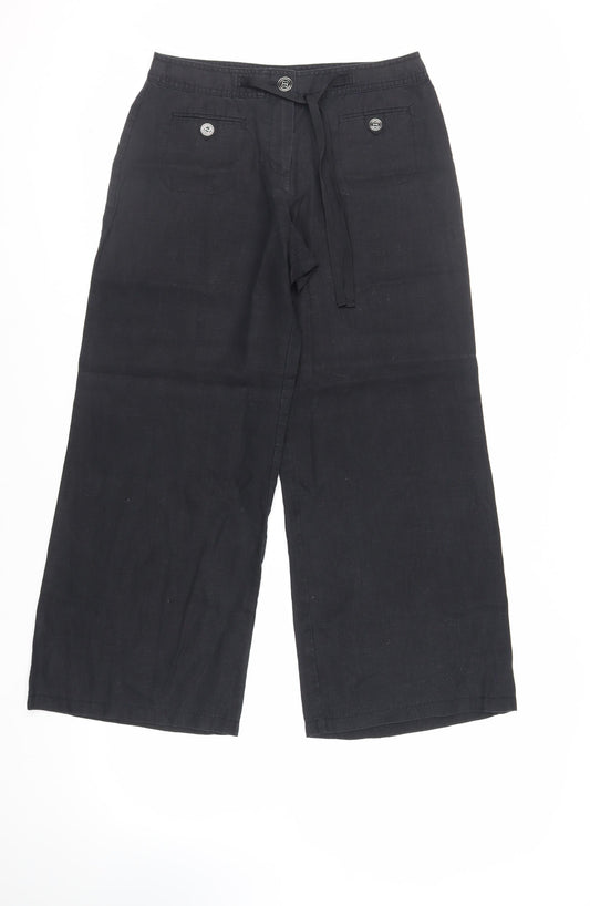 Marks and Spencer Womens Black Linen Trousers Size 10 L26 in Regular Drawstring - Short Length